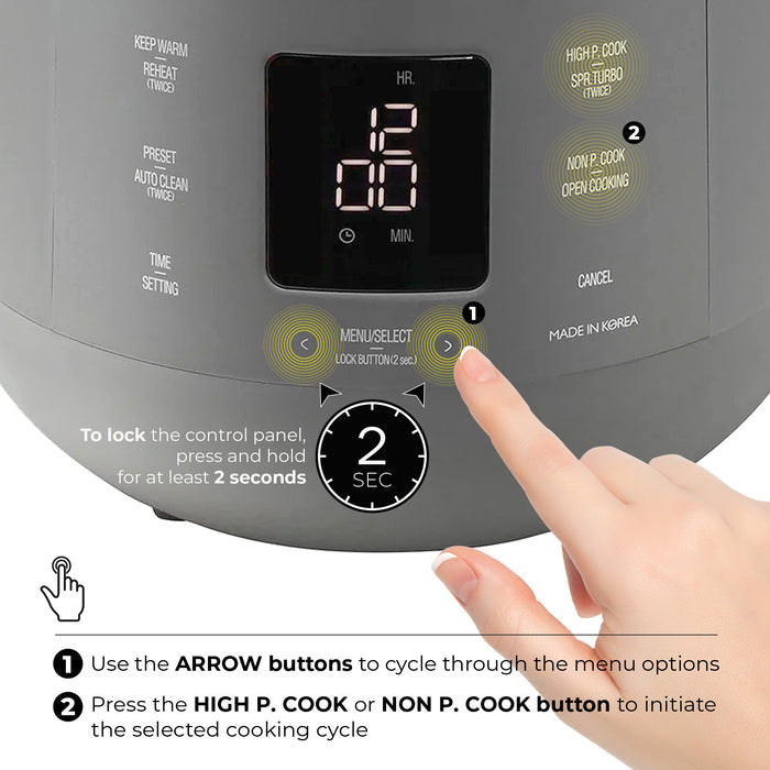 Cuckoo rice cooker guide: using arrow buttons for menu selection, initiating cooking, and locking the control panel. (CRP-ST0609F)