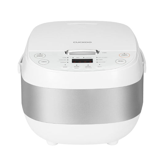 Cuckoo electric rice cooker with a sleek white and silver finish and an intuitive digital control panel for easy cooking. (CR-0605F)