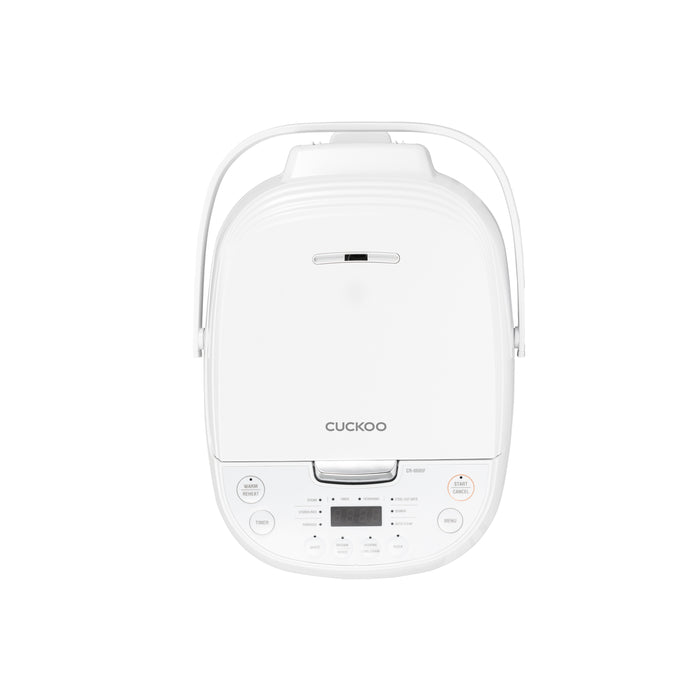 Cuckoo white electric rice cooker featuring a top carrying handle, front digital display, and intuitive touch controls. (CR-0605F)