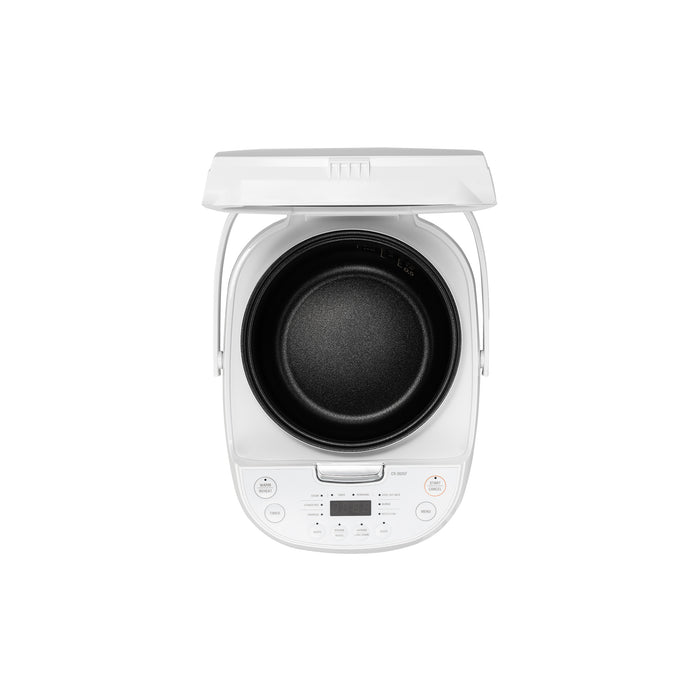 Top view of a white Cuckoo electric rice cooker with its lid open, showing the black inner cooking pot and control panel. (CR-0605F)