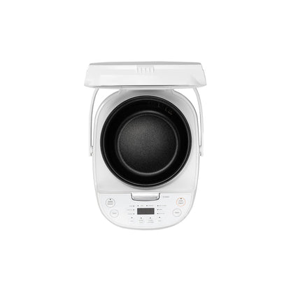 Top view of a white Cuckoo electric rice cooker with its lid open, showing the black inner cooking pot and control panel. (CR-0605F)