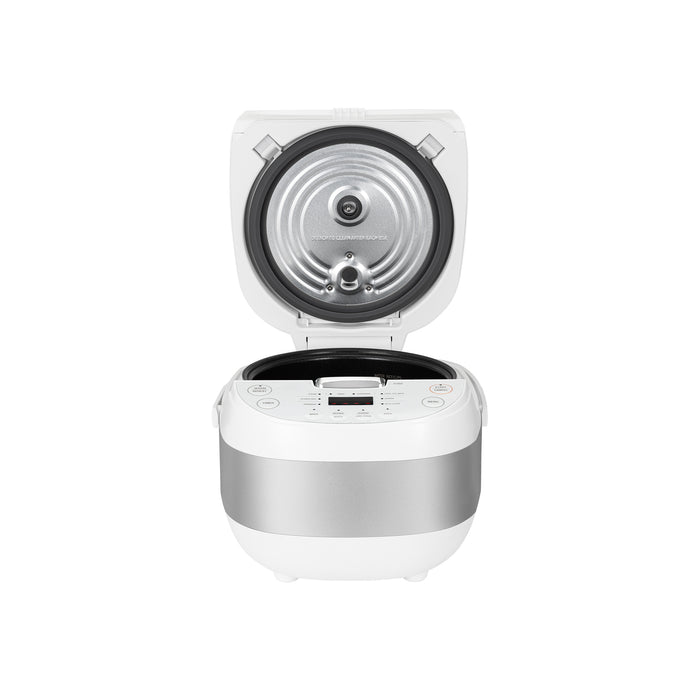 White Cuckoo electric rice cooker with lid open, revealing the metallic inner lid, heating plate, and digital control panel. (CR-0605F)