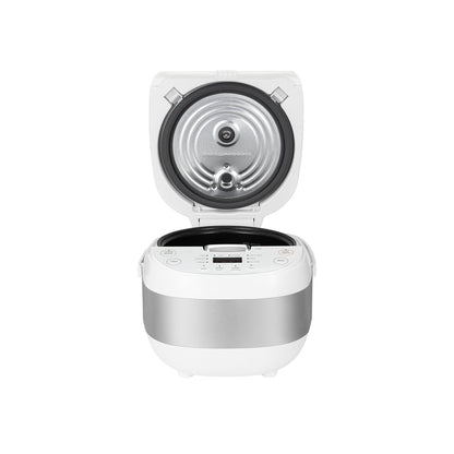 White Cuckoo electric rice cooker with lid open, revealing the metallic inner lid, heating plate, and digital control panel. (CR-0605F)