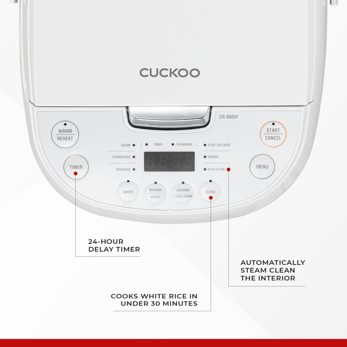 The digital control panel showing highlighted functions: 24-hour delay timer, quick cook, and automatic steam clean. (CR-0605F)