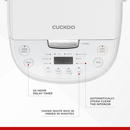 The digital control panel showing highlighted functions: 24-hour delay timer, quick cook, and automatic steam clean. (CR-0605F)