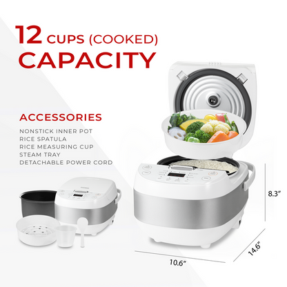Infographic showing a 12-cup capacity Cuckoo rice cooker with included accessories, dimensions, and steamer tray in use. (CR-0605F)