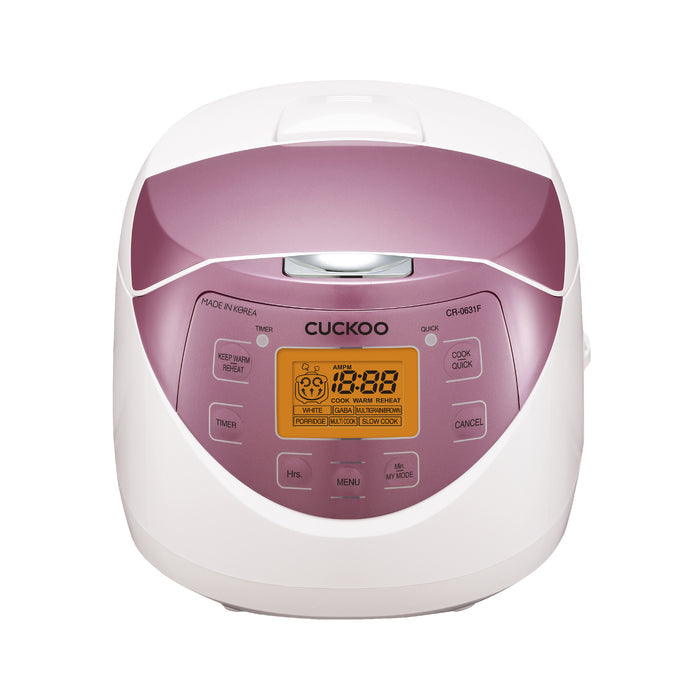 Cuckoo CR-0631F electric rice cooker in white and pink. Digital display with multiple modes for versatile, precise cooking. (CR-0631F)