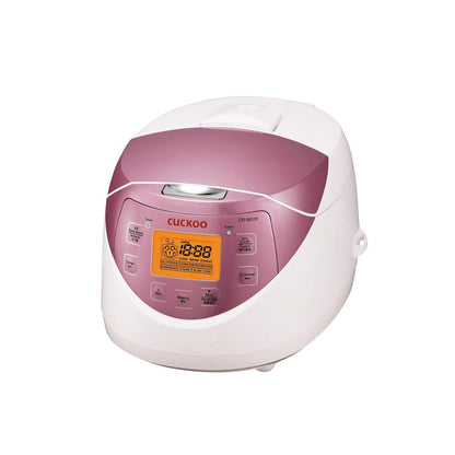 Cuckoo CR-0631F electric rice cooker in white and pink. Digital display with multiple modes for versatile, precise cooking. (CR-0631F)