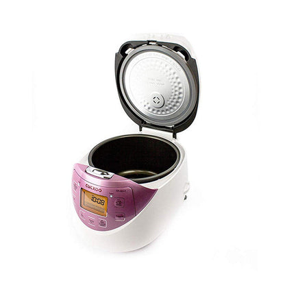 Cuckoo CR-0631F electric rice cooker in white and pink with lid open. Features non-stick inner pot and digital display. (CR-0631F)