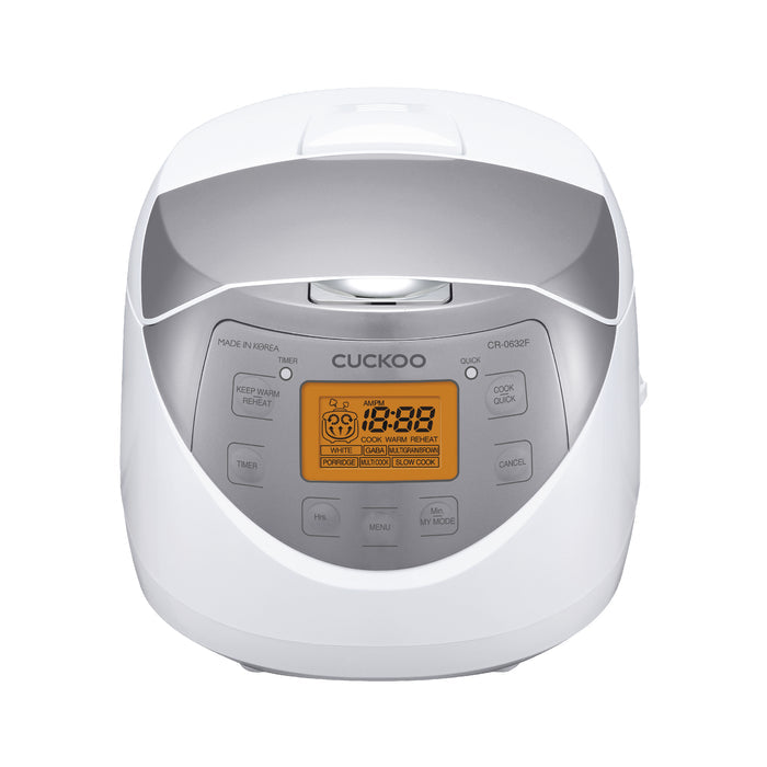 Front view of a Cuckoo rice cooker with an illuminated orange digital display, function buttons, and a silver control panel. (CR-0632F)