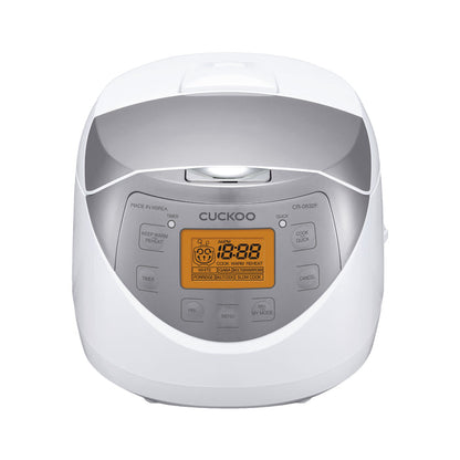Front view of a Cuckoo rice cooker with an illuminated orange digital display, function buttons, and a silver control panel. (CR-0632F)