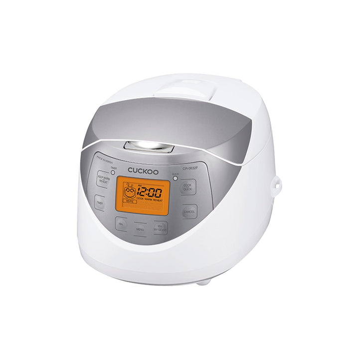 Angled view of a white Cuckoo rice cooker featuring an illuminated orange digital display and silver control panel. (CR-0632F)