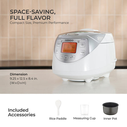 A compact white and silver rice cooker shown on a kitchen counter with text reading 'SPACE-SAVING, FULL FLAVOR' and 'Compact Size, Premium Performance.' The image also includes dimension text and accessory icons for a rice paddle, measuring cup, and inner pot.