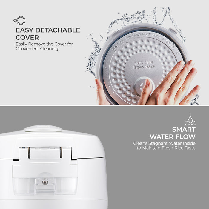 A white rice cooker shown with feature callouts: a detachable top cover being removed by hands with water splashes, and a close-up of the cooker body with text reading 'SMART WATER FLOW' and 'Cleans Stagnant Water Inside to Maintain Fresh Rice Taste.'.