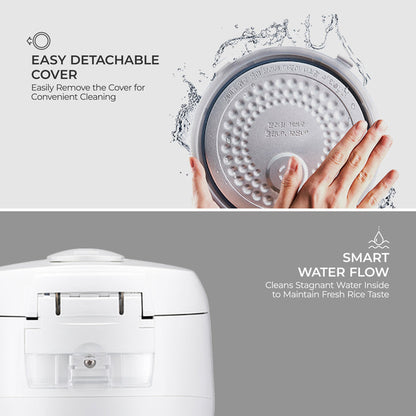 A white rice cooker shown with feature callouts: a detachable top cover being removed by hands with water splashes, and a close-up of the cooker body with text reading 'SMART WATER FLOW' and 'Cleans Stagnant Water Inside to Maintain Fresh Rice Taste.'.