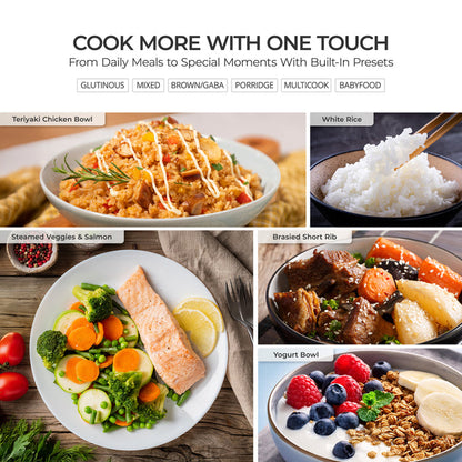 'COOK MORE WITH ONE TOUCH' . The image shows five food photos arranged in a grid: Teriyaki Chicken Bowl, White Rice, Steamed Veggies & Salmon, Brasied Short Rib, and Yogurt Bowl.