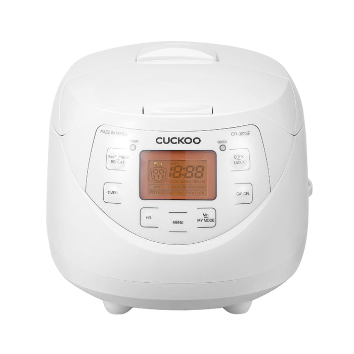 Front view of a white Cuckoo rice cooker with an orange digital display panel and various function buttons. (CR-0633F)