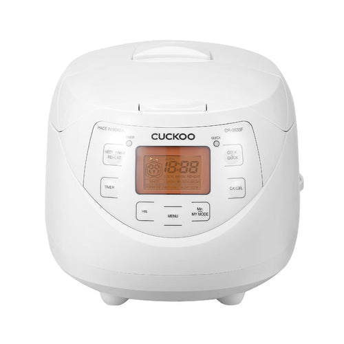 Front view of a white Cuckoo rice cooker with an orange digital display panel and various function buttons. (CR-0633F)