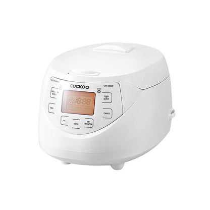 White Cuckoo electric rice cooker shown at an angle, featuring an orange digital display and a control panel with buttons. (CR-0633F)