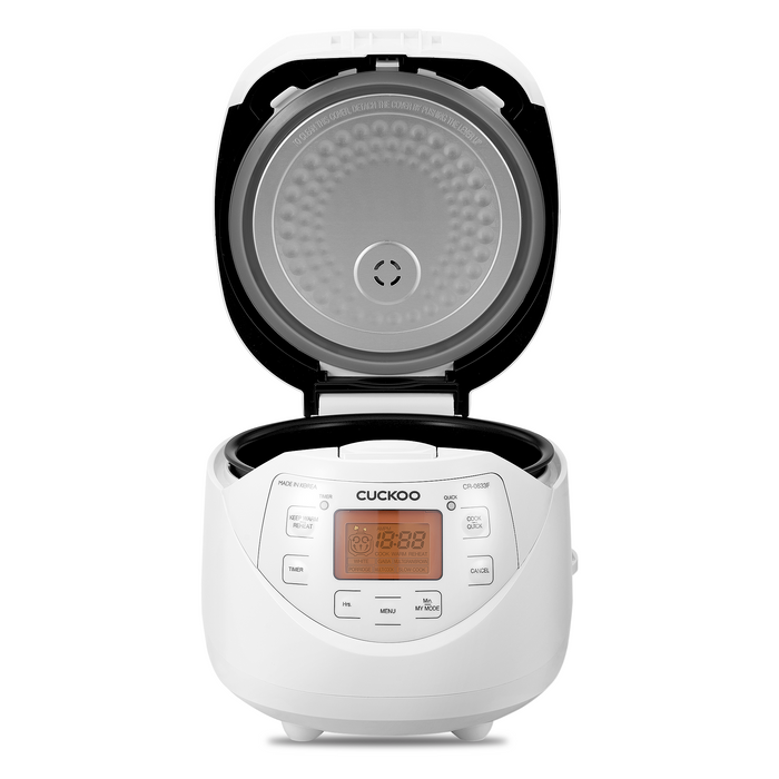 White Cuckoo rice cooker with the lid open, showing the internal pot and digital control panel. (CR-0633F)