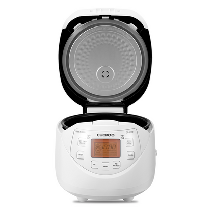 White Cuckoo rice cooker with the lid open, showing the internal pot and digital control panel. (CR-0633F)