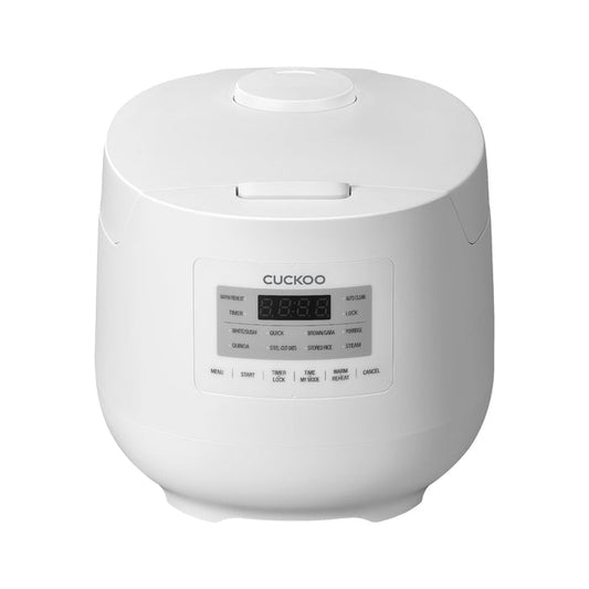 White Cuckoo rice cooker with a rectangular digital display and integrated control panel. (CR-0641F)