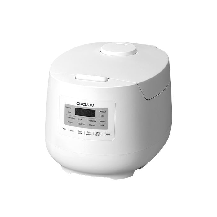 Angled view of a white Cuckoo rice cooker featuring a rectangular digital display and integrated control panel buttons. (CR-0641F)