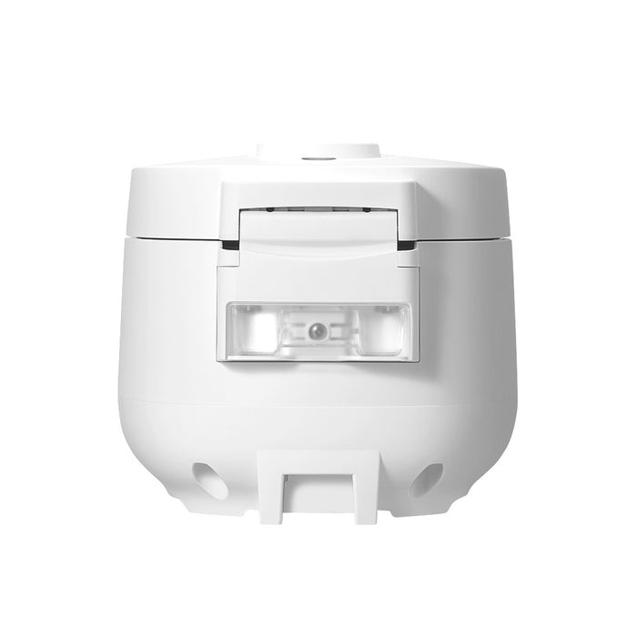 Rear view of a white Cuckoo rice cooker, highlighting the external drainage cup and integrated hinge mechanism. (CR-0641F)