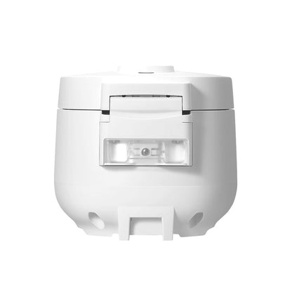 Rear view of a white Cuckoo rice cooker, highlighting the external drainage cup and integrated hinge mechanism. (CR-0641F)