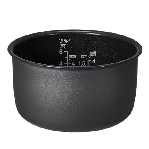 Black non-stick inner pot for a Cuckoo rice cooker, featuring interior water measurement markings for different grain types. (CR-0641F)