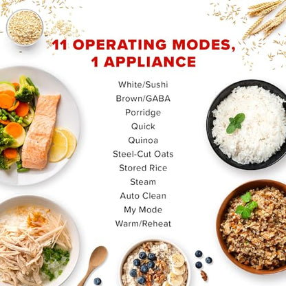 Infographic showing 11 versatile operating modes for one Cuckoo appliance, including White, Brown, Steam, and Auto Clean. (CR-0641F)
