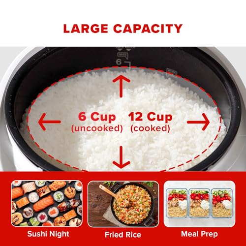 Infographic showing a 6-cup uncooked and 12-cup cooked capacity, with meal examples: Sushi Night, Fried Rice, and Meal Prep. (CR-0641F)