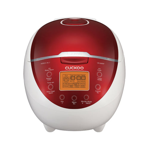 A front view of a Cuckoo CR-0655F rice cooker, featuring a white body, glossy red top, and an amber LCD control panel. (CR-0655F)
