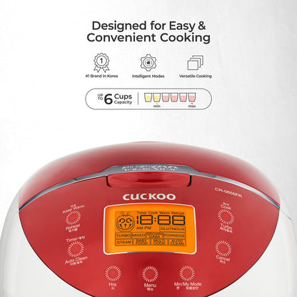 Cuckoo CR-0655FR rice cooker control panel highlighting 6-cup capacity, intelligent cooking modes, and versatile settings. (CR-0655F)