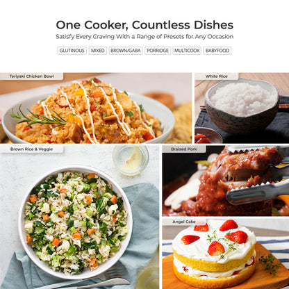 Collage showing various dishes made with multi-cooker presets, including chicken bowl, rice & veggie, pork, and angel cake. (CR-0655F)