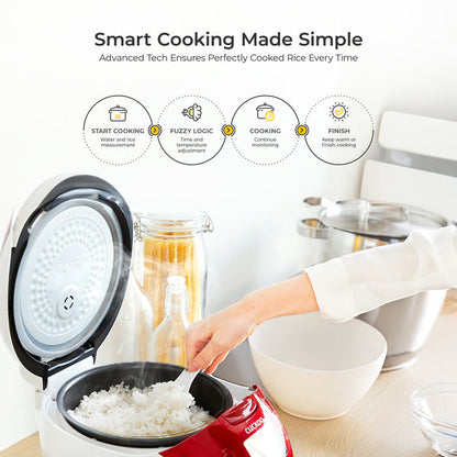 Infographic showing Cuckoo rice cooker's smart cooking process: start, fuzzy logic temperature control, cooking, and finish. (CR-0655F)