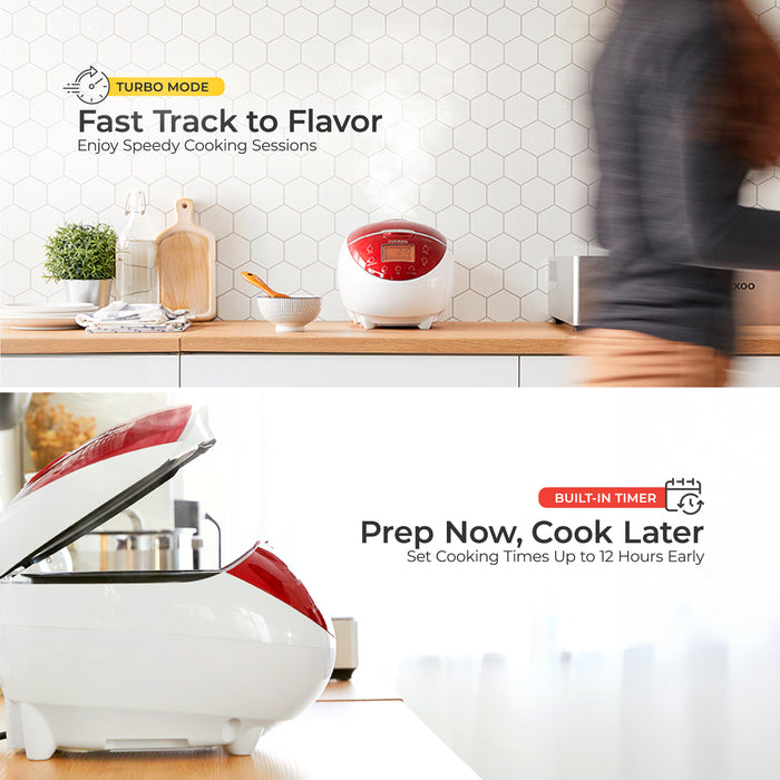 Split-view image showcasing Cuckoo rice cooker features: Turbo Mode for fast cooking and a built-in timer for delayed starts. (CR-0655F)