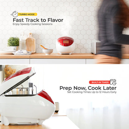 Split-view image showcasing Cuckoo rice cooker features: Turbo Mode for fast cooking and a built-in timer for delayed starts. (CR-0655F)