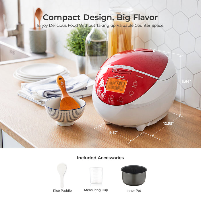 Cuckoo rice cooker with a compact design on a kitchen counter, including a rice paddle, measuring cup, and inner pot. (CR-0655F)