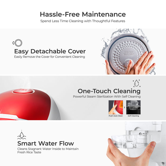 Maintenance infographic: detachable cover, one-touch steam self-cleaning, and smart water flow system for fresh rice. (CR-0655F)