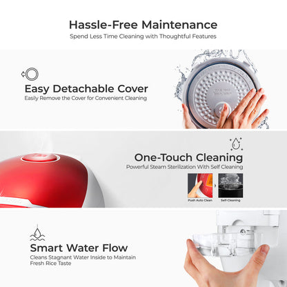 Maintenance infographic: detachable cover, one-touch steam self-cleaning, and smart water flow system for fresh rice. (CR-0655F)