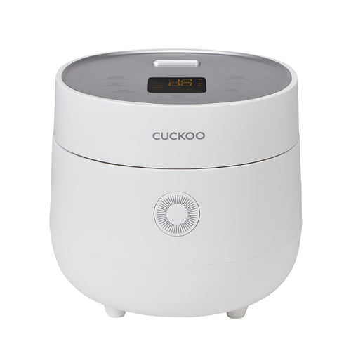 Cuckoo premium white rice cooker with a top digital display showing cooking time and a central circular control dial. (CR-0675F)