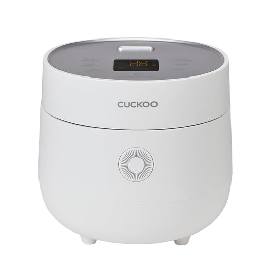 Cuckoo premium white rice cooker with a top digital display showing cooking time and a central circular control dial. (CR-0675F)