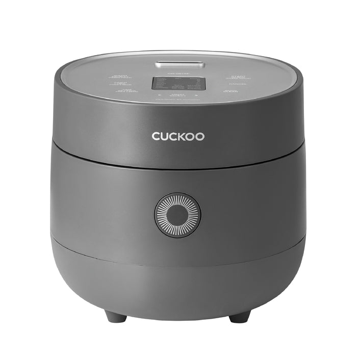 Cuckoo premium gray rice cooker, featuring a top-mounted digital interface with menu options and a central control dial. (CR-0675F)
