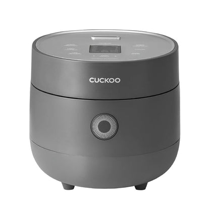 Cuckoo premium gray rice cooker, featuring a top-mounted digital interface with menu options and a central control dial. (CR-0675F)