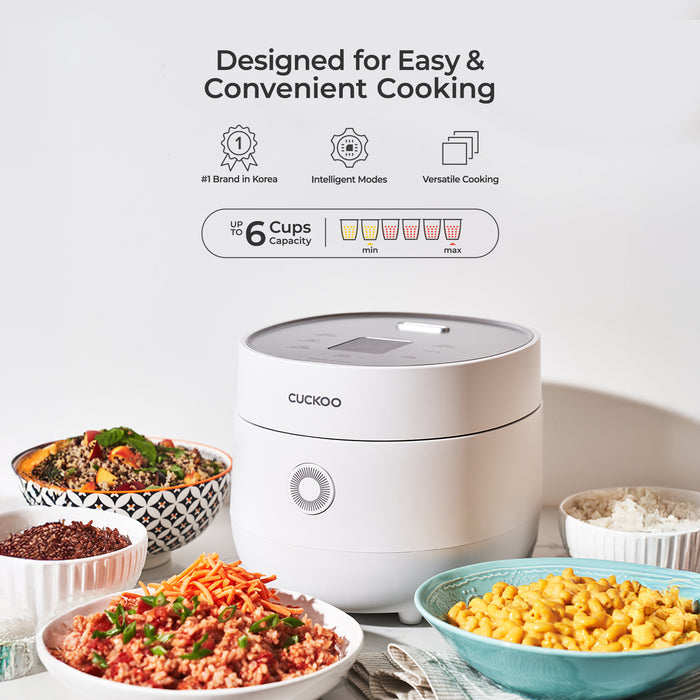 Cuckoo rice cooker highlighting its 6-cup capacity, intelligent modes, and versatility for easy and convenient cooking. (CR-0675F)