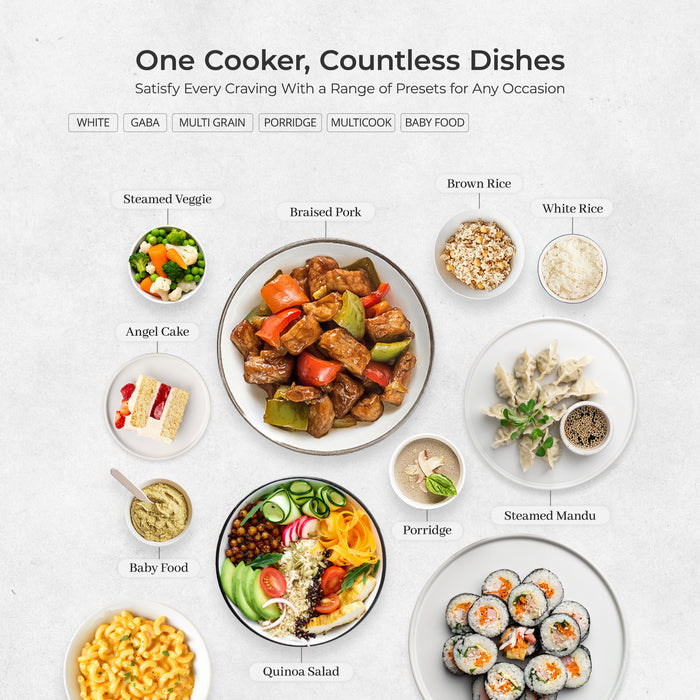 One Cooker, Countless Dishes. Satisfy Every Craving with a Range of Presets. Features dishes like pork, rice, and kimbap. (CR-0675F)