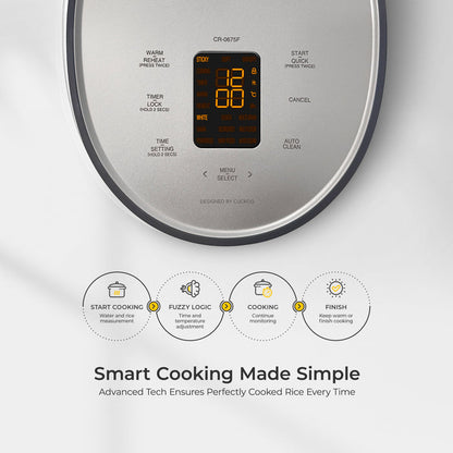 Smart Cooking Made Simple: Cuckoo rice cooker control panel and 4-step process: Start, Fuzzy Logic, Cooking, and Finish. (CR-0675F)