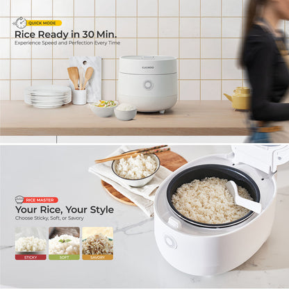 Cuckoo rice cooker features Quick Mode for 30-minute cooking and Rice Master settings for Sticky, Soft, or Savory textures. (CR-0675F)
