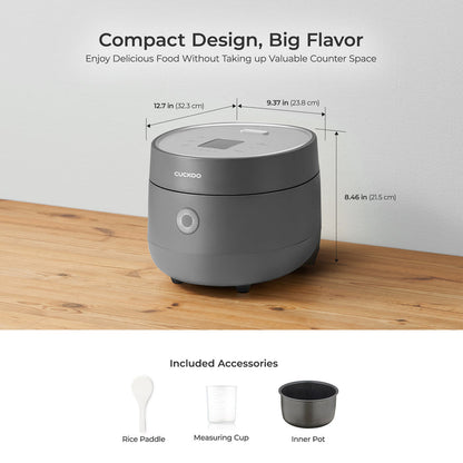 Cuckoo compact rice cooker with dimensions (12.7 x 9.37 x 8.46 inches). Includes rice paddle, measuring cup, and inner pot. (CR-0675F)